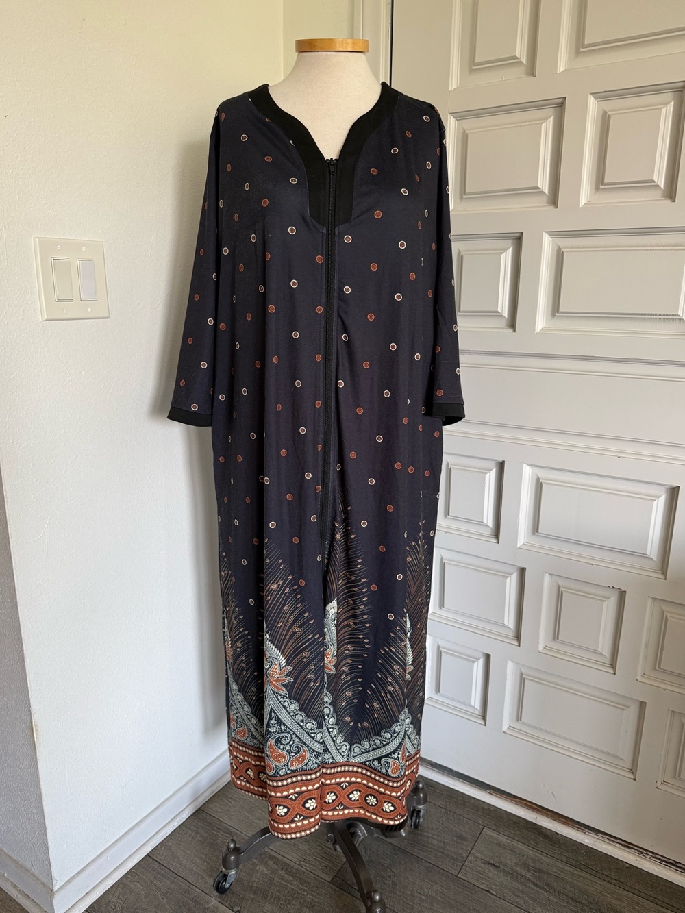 Housecoat Long Robe Maxi Dress Lounger Dark Blue Black Brown Boho Print Size 3X